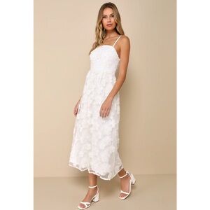Lulus Delightful Charisma White Embroidered Sequin Floral Mesh Midi Dress M